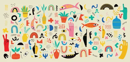 Stickers muraux Licornes Ensemble de diverses formes colorées et arrière-plans d& 39 objets de griffonnage dessinés à la main. Illustration vectorielle à la mode moderne abstraite.