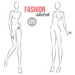 Woman's figure sketch. Different poses. Template for drawing for stylist and designers of clothes. Vector outline girl model template for fashion sketching. Woman's body. Fashion illustration.
