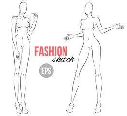 Women's figure sketch. Different poses. Template for drawing for designers of clothes. Vector outline girl model template for fashion sketching. Fashion illustration.