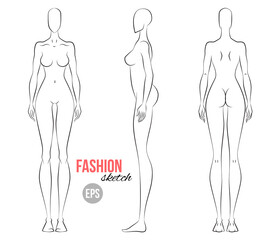 Woman's figure sketch. Different poses. Technical drawing. Vector outline girl model template for fashion sketching. Woman's body. Fashion illustration.