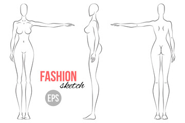 Woman's figure sketch. Different poses. Technical drawing. Vector outline girl model template for fashion sketching. Woman's body. Fashion illustration.