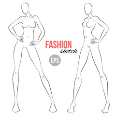Woman's figure sketch. Different poses. Template for drawing for stylist and designers of clothes. Vector outline girl model template for fashion sketching. Woman's body. Fashion illustration.