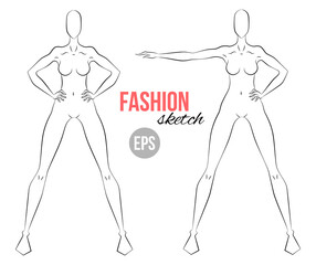 Woman's figure sketch. Different poses. Template for drawing for stylist and designers of clothes. Vector outline girl model template for fashion sketching. Woman's body. Fashion illustration.