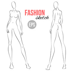 Woman's figure sketch. Different poses. Template for drawing for stylist and designers of clothes. Vector outline girl model template for fashion sketching. Woman's body. Fashion illustration.