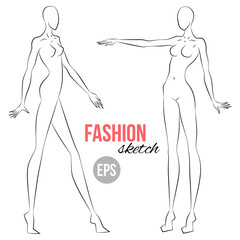 Woman's figure sketch. Different poses. Template for drawing for stylist and designers of clothes. Vector outline girl model template for fashion sketching. Woman's body. Fashion illustration.