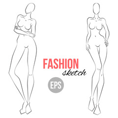 Woman's figure sketch. Different poses. Template for drawing for stylist and designers of clothes. Vector outline girl model template for fashion sketching. Woman's body. Fashion illustration.