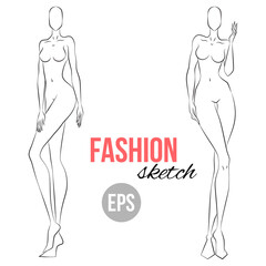 Woman's figure sketch. Different poses. Template for drawing for stylist and designers of clothes. Vector outline girl model template for fashion sketching. Woman's body. Fashion illustration.