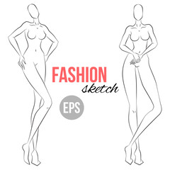 Woman's figure sketch. Different poses. Template for drawing for stylist and designers of clothes. Vector outline girl model template for fashion sketching. Woman's body. Fashion illustration.