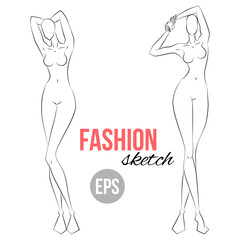 Woman's figure sketch. Different poses. Template for drawing for stylist and designers of clothes. Vector outline girl model template for fashion sketching. Woman's body. Fashion illustration.