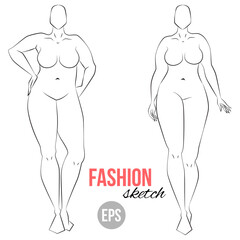 Plus size model. Curvy body.  Woman's figure sketch. Different poses. Template for drawing. Vector outline girl model template for fashion sketching. Woman's body. Fashion illustration.
