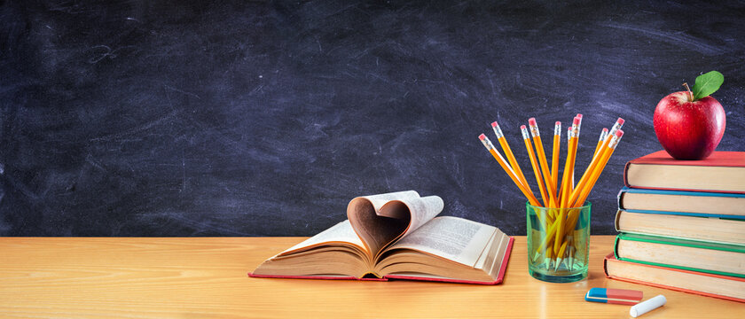 Back To School With Love - Books And Pencils With Apple In Classroom