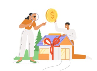 Flat vector illustration with happy young family buying a house and male character throwing coin in the house piggy bank. Concept of purchase, rent, investing, mortgage, home loan.