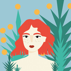 Abstract modern woman people faces portraits artistic trendy background templates poster cards. Trendy art minimal background poster wall art print. Illustration in hand drawn flat style. Redhead girl