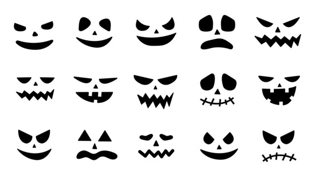 Collection of Halloween pumpkin faces icons. Scary faces ghost. Spooky pumpkin smile jack o lanter or frightened vampire. Design for the holiday Halloween. Vector illustration.