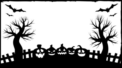 Halloween party invitations or greeting cards banner with traditional Halloween symbols. Flyer with place for text sample with texture in a simple grunge frame. Vector illustration in black and white.