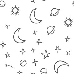 Stars, planets and moons seamless pattern. Hand drawn sky element doodles. Background texture. Space, universe and cosmos.