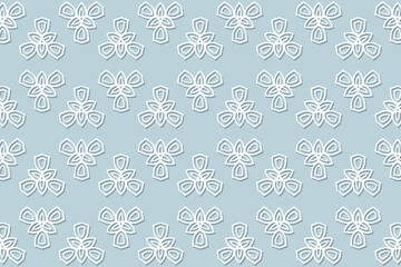 Geometric volumetric convex ethnic white 3D pattern. Embossed minimalistic blue background in oriental, Indonesian style. Lace texture, cut paper ornament.