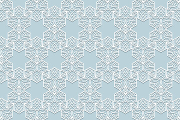 Geometric volumetric convex ethnic white 3D pattern. Embossed decorative blue background in oriental, Indonesian style. Lace texture, cut paper ornament.