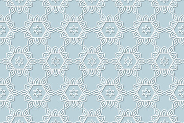 Geometric volumetric convex ethnic white 3D pattern. Embossed original blue background in oriental, Indonesian style. Lace texture, cut paper ornament.