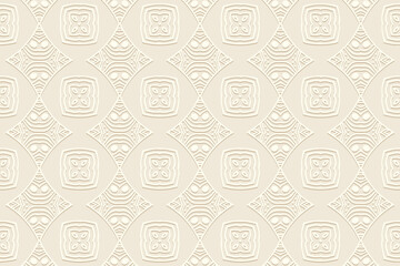 Geometric volumetric convex ethnic 3D pattern. Embossed figured light beige background in oriental, Indonesian style. Lace texture, cut paper ornament.