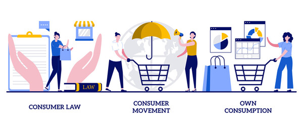 Consumer law, consumer movement, own consumption concept with tiny people. Buyer interests and habits abstract vector illustration set. - obrazy, fototapety, plakaty