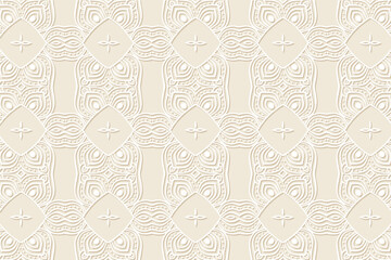 Geometric volumetric convex ethnic 3D pattern. Embossed graceful light beige background in oriental, Indonesian style. Lace texture, cut paper ornament.