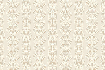Geometric volumetric convex ethnic 3D pattern. Embossed beautiful light beige background in oriental, Indonesian style. Lace texture, cut paper ornament.