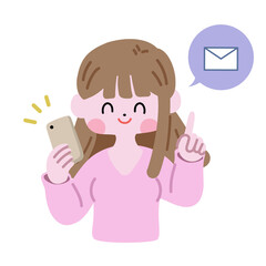 スマホを持ち、指差しポーズをしてアピールする女性　メール