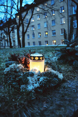 STOCKHOLM, SWEDEN: Winter panoramic view of the cemetery Skogskyrkogarden, Unesco World Heritage,...