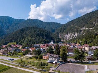 small village in the mountains on a river