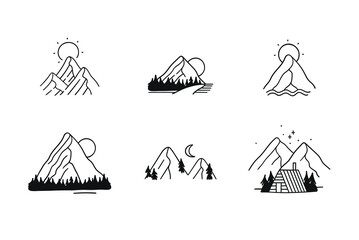 Hand drawn Mountain Logo set. Ski Resort vector icon, doodle element. Great Outdoor symbol isolated, travel label
