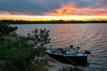 Fototapeta na wymiar Fisherman lake sunset in summer season