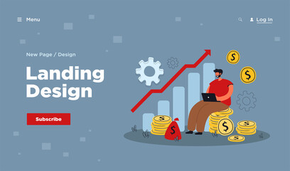 Naklejka premium Cartoon capital growth and cash profits metaphor. Flat vector illustration. Employee or investor working on financial planning and getting dividends. Business, investment, finance, money concept