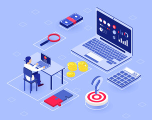 Investment strategies banner. Man analyzes stock market to choose right stocks to invest in. Financial instruments for earning money. Cartoon isometric vector illustration isolated on blue background