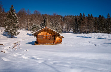 Traditional wooden mountain chalet in cold Winter nature and snowy forest landscape at the Bavarian...