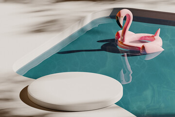 3D pink podium display summer leaf shadow background. Cosmetic product promotion with inflatable flamingo and caustic water . Pedestal and clipping path of each element included . 3d render. © Hihiland
