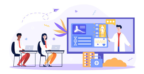 Online medical webinar. Specialists tell students how to deal with difficult cases. Doctor training. Learn to diagnose and schedule treatment in a virtual classroom. Flat cartoon illustration