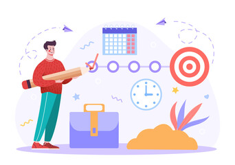 Project goal tracking. Developing plan for success at work. Gradual progress and movement towards goal. Concept ompleted tasks in project. Cartoon vector illustration isolated on white background