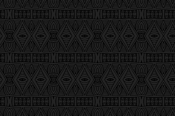3D volumetric convex embossed geometric black background. Vintage pattern, texture in arabesque style. Ethnic art trendy oriental, asian, indonesian, mexican ornaments.