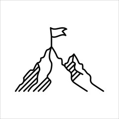 Mountain with flag on a peak. Leadership illustration. Success icon on white background. color editable