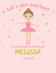 Birthday party invitation. Little girl ballerina in pink tutu dress on pink background. Cute cartoon character.