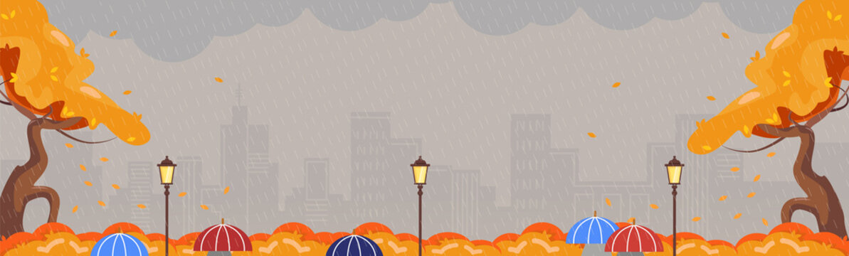 Fall Rain. Autumn Panorama Of The Park With Orange Trees, Lanterns, City Silhouette And Umbrellas. Vector Illustration.