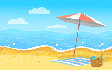 Fototapeta na wymiar Sea coast. Beach umbrella, towel and picnic basket. A place for your text. Colorful vector illustration. Template.