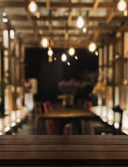 Fototapeta na wymiar Empty wooden table top with lights bokeh on blur restaurant background.
