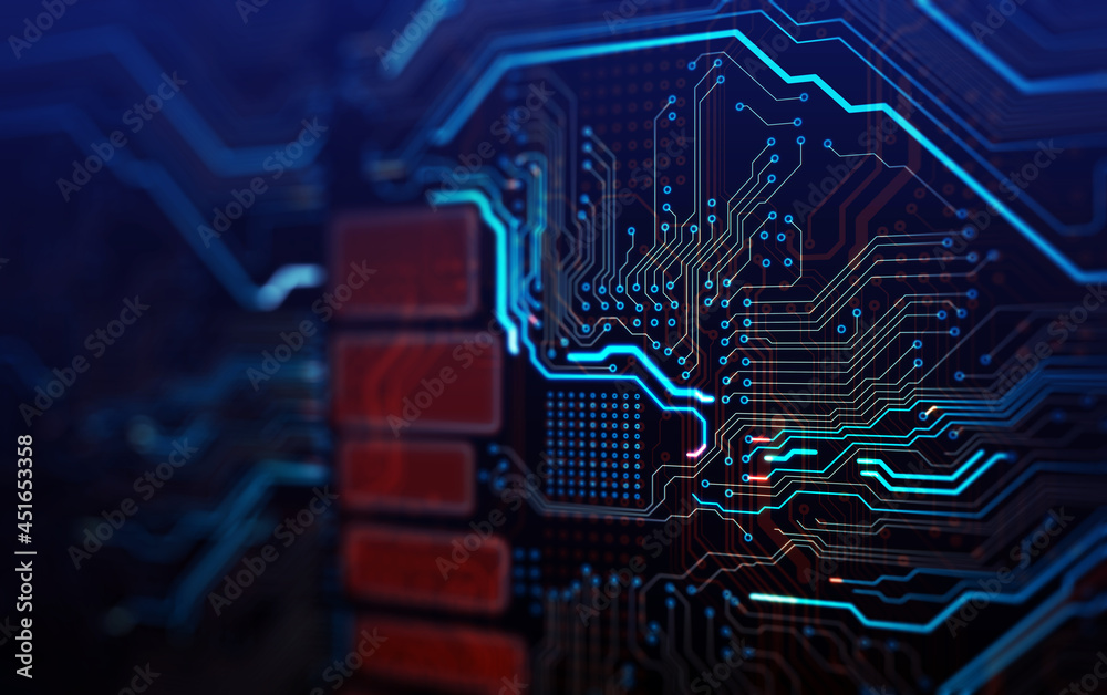 Aufkleber Printed circuit board futuristic server/The mother server is processing the data, Circuit board futuristic server code processing. Orange, red, blue technology background with bokeh. 3d illustration