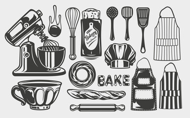Bundle monochrome vector illustrations on the craft bakery theme on white background. 