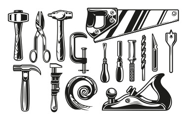 Big bundle vector illustrations for carpenter tools theme on white background - obrazy, fototapety, plakaty