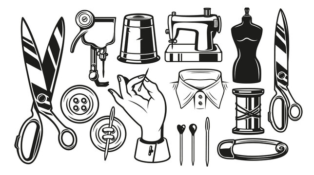 Big bundle vector illustrations of tailor tools on white background