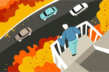 Man on balcony looking down at street with cars