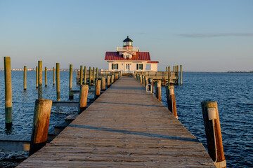 The Beautiful Roanoke Marsh Lighthouse located on the Outer Banks of North Carolina at sunset